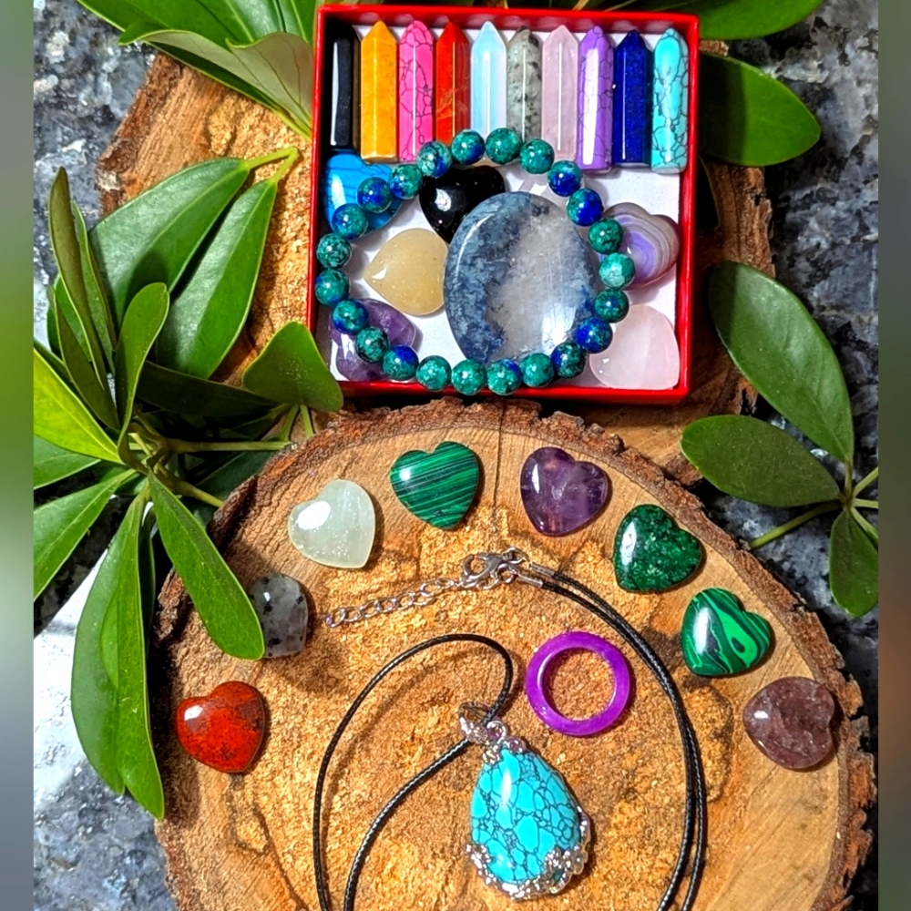 30 Chakra Stone Gift Box Heart Shape Stone Necklace Bracelet Ring Rubbing Stone - Picture 12 of 14